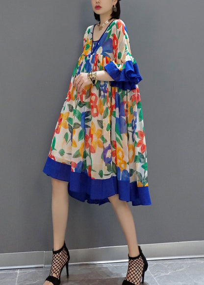 New Pink Print Patchwork Chiffon Dress Butterfly Sleeve