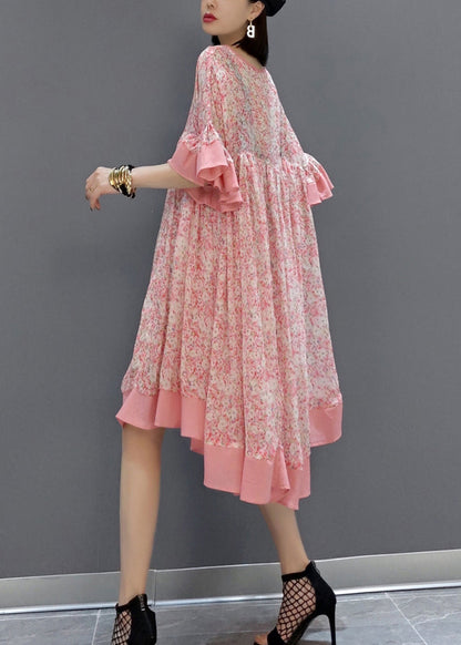 New Pink Print Patchwork Chiffon Dress Butterfly Sleeve