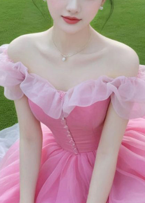 New Pink Slash Neck Patchwork Chiffon Party Dress Summer