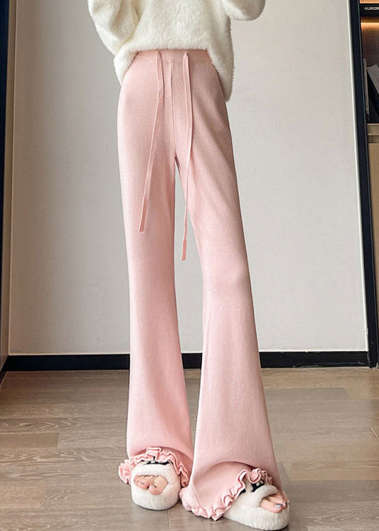 New Pink Solid Elastic Waist Knit Flared Trousers