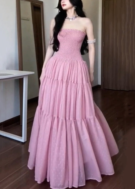New Pink Strapless Solid Cotton Long Dress Sleeveless