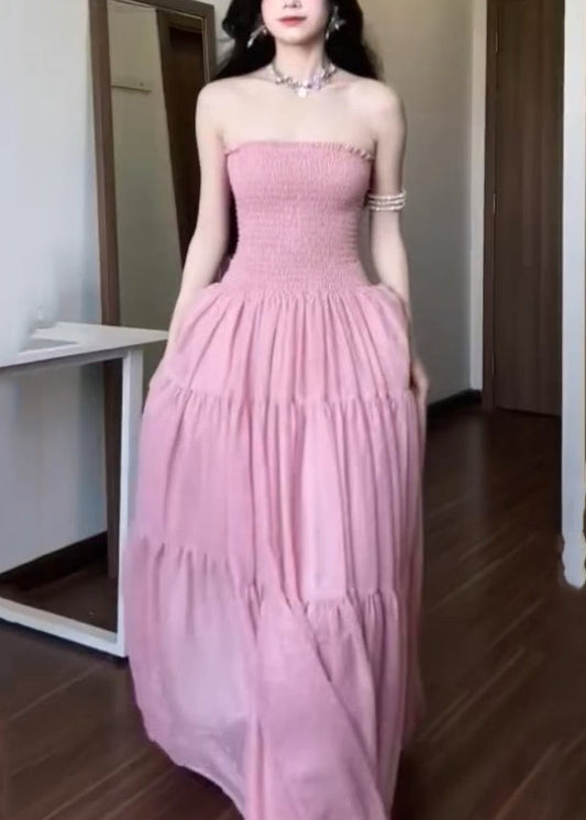 New Pink Strapless Solid Cotton Long Dress Sleeveless