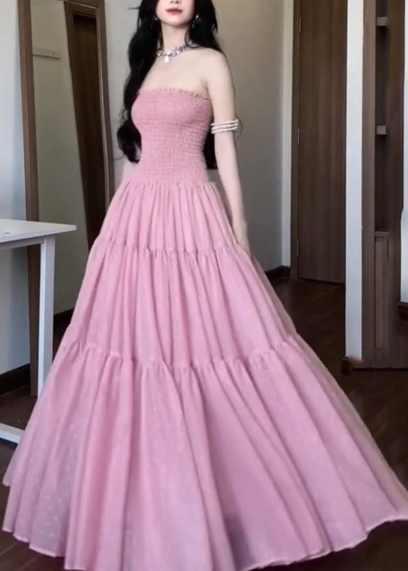 New Pink Strapless Solid Cotton Long Dress Sleeveless