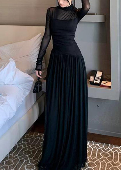 New Pink Turtleneck Patchwork Solid Tulle Long Dress Long Sleeve