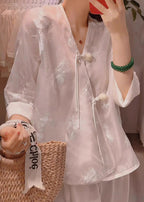 New Pink V Neck Embroidered Chinese Button Silk Blouses Half Sleeve