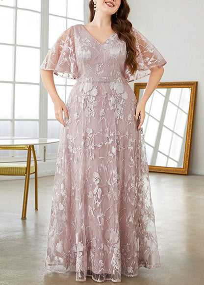 New Pink V Neck High Waist Lace Party Dress Flare Sleeve