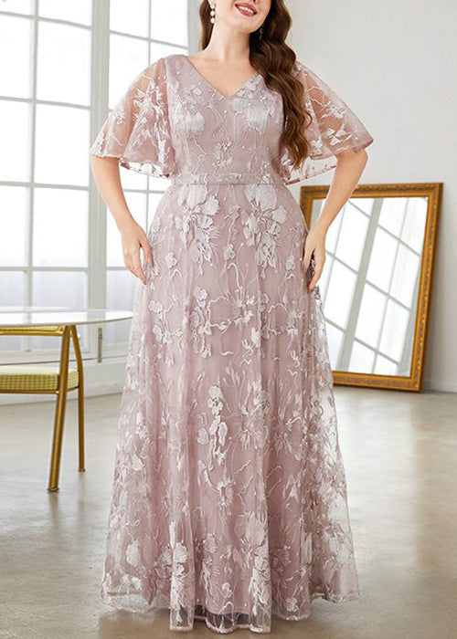 New Pink V Neck High Waist Lace Party Dress Flare Sleeve