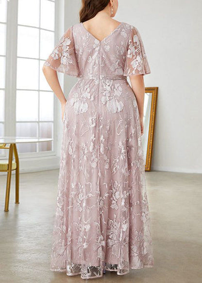 New Pink V Neck High Waist Lace Party Dress Flare Sleeve