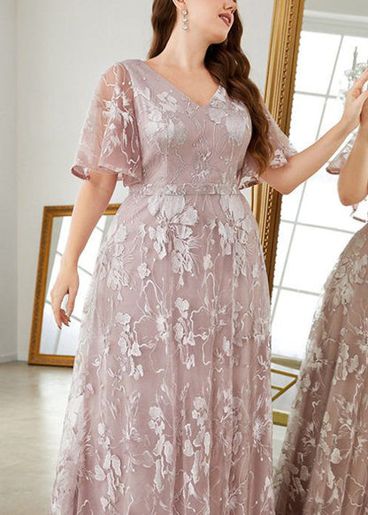 New Pink V Neck High Waist Lace Party Dress Flare Sleeve