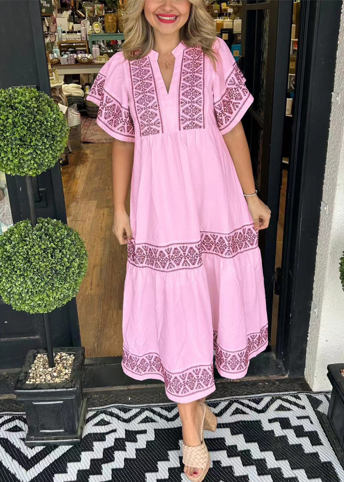 New Pink V Neck Print Cotton Long Dress Summer