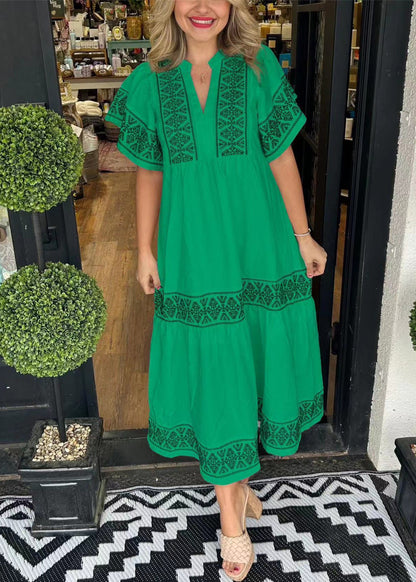 New Pink V Neck Print Cotton Long Dress Summer