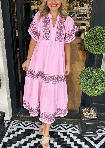 New Pink V Neck Print Cotton Long Dress Summer