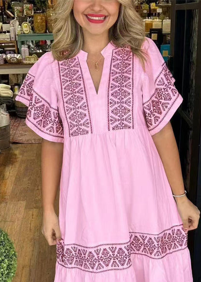 New Pink V Neck Print Cotton Long Dress Summer