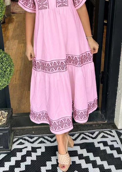 New Pink V Neck Print Cotton Long Dress Summer
