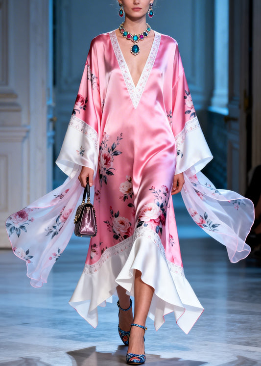 New Pink V Neck Print Patchwork Silk Ankle Dress Summer