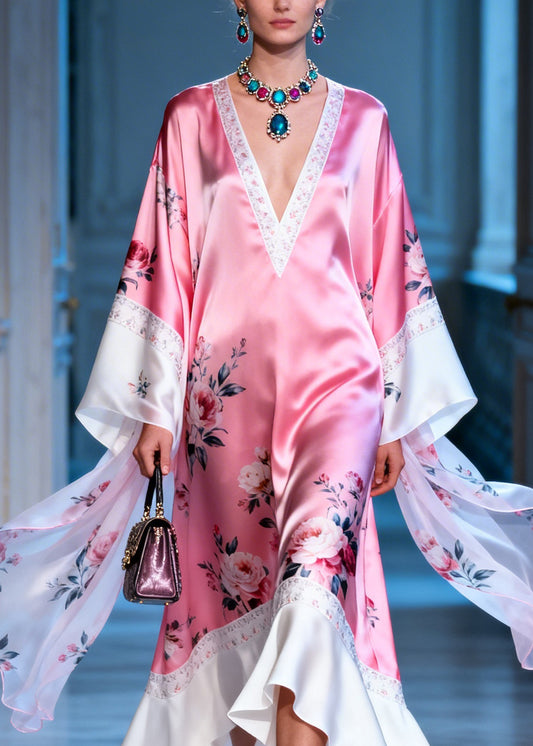 New Pink V Neck Print Patchwork Silk Ankle Dress Summer