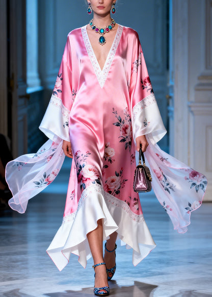 New Pink V Neck Print Patchwork Silk Ankle Dress Summer