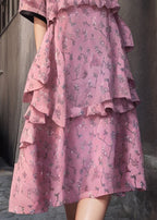 New Pink V Neck Ruffled Print Cotton Dress Short Sleeve