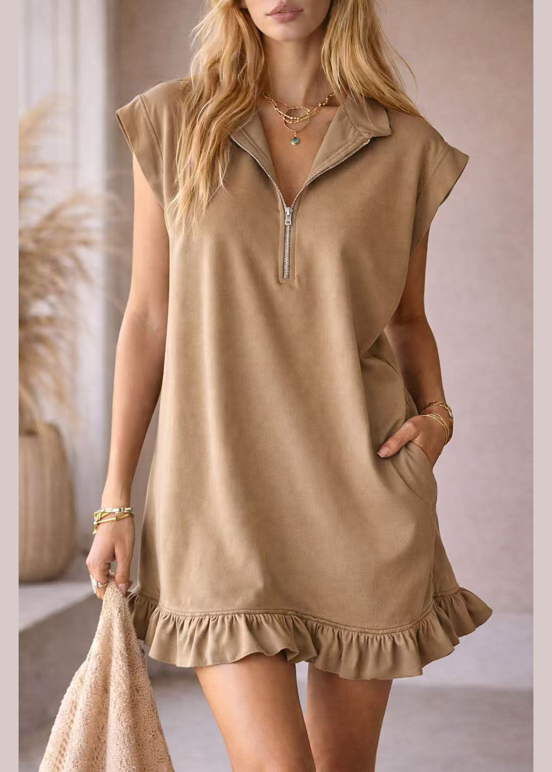 New Pink Zip Up Ruffled Patchwork Cotton Dresses Summer
