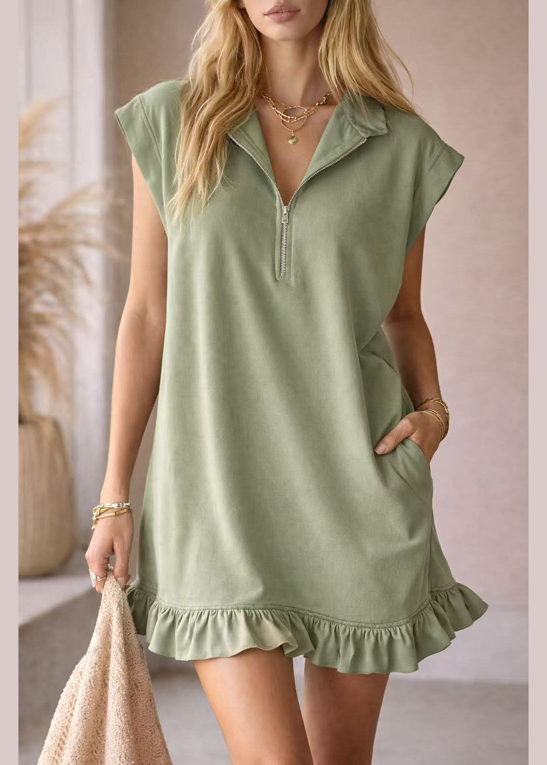 New Pink Zip Up Ruffled Patchwork Cotton Dresses Summer