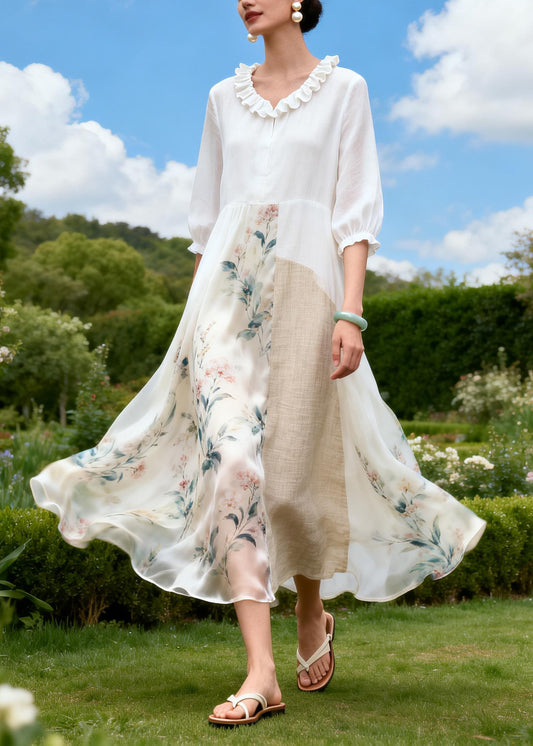 New Plus Size Ruffled Print Patchwork Linen Silk Dress Summer