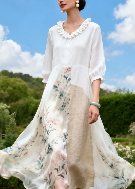New Plus Size Ruffled Print Patchwork Linen Silk Dress Summer