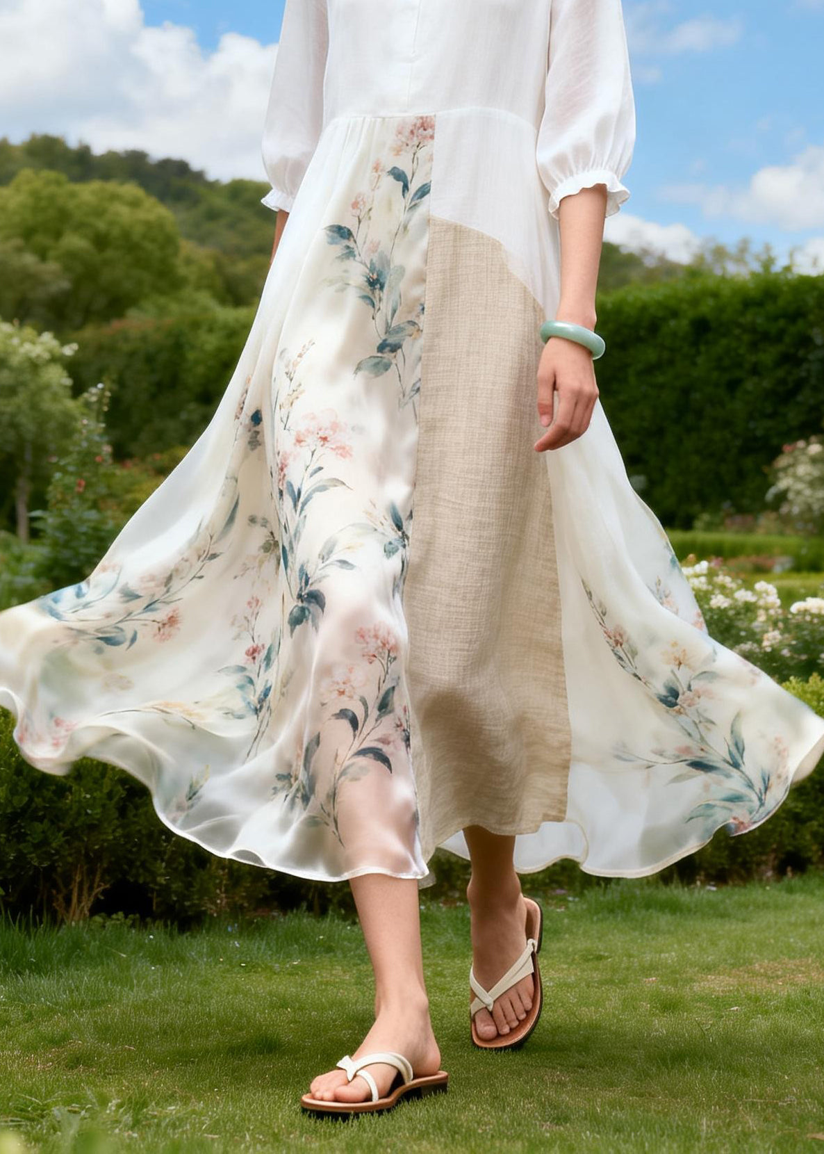 New Plus Size Ruffled Print Patchwork Linen Silk Dress Summer
