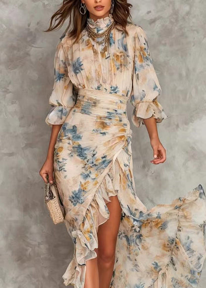 New Print Hign Neck Asymmetrical Design Ruffled Patchwork Chiffon Dress Summer