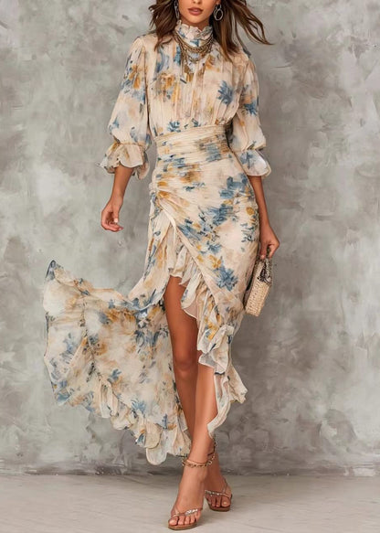 New Print Hign Neck Asymmetrical Design Ruffled Patchwork Chiffon Dress Summer