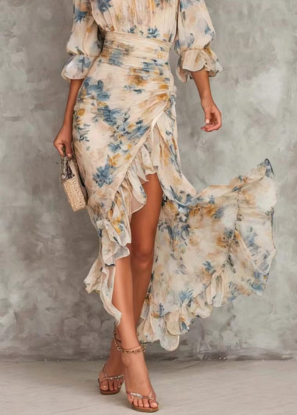 New Print Hign Neck Asymmetrical Design Ruffled Patchwork Chiffon Dress Summer