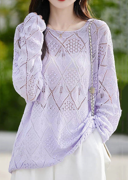 New Purple Geometric Plaid Knit Pullover Sweater