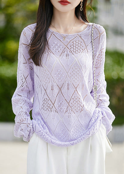 New Purple Geometric Plaid Knit Pullover Sweater