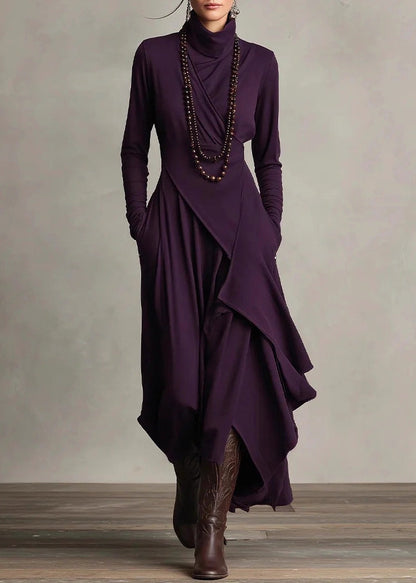 New Purple Hign Neck Asymmetrical Cotton Dress Spring