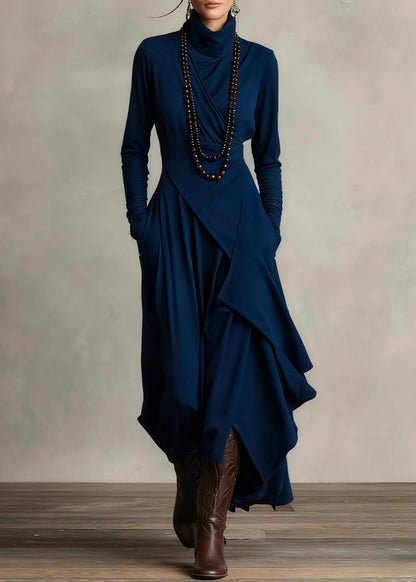 New Purple Hign Neck Asymmetrical Cotton Dress Spring