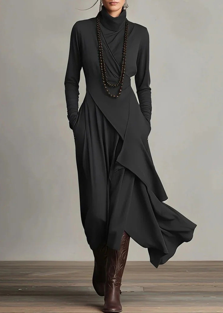 New Purple Hign Neck Asymmetrical Cotton Dress Spring