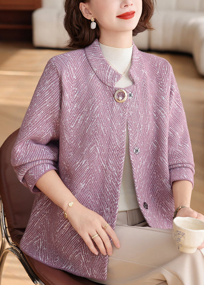 New Purple O-Neck Patchwork Knit Cardigan Spring