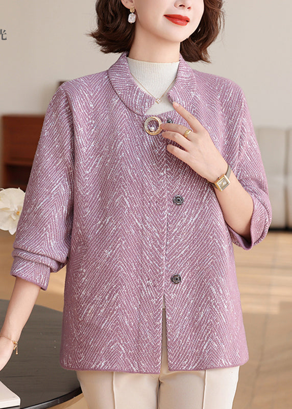 New Purple O-Neck Patchwork Knit Cardigan Spring