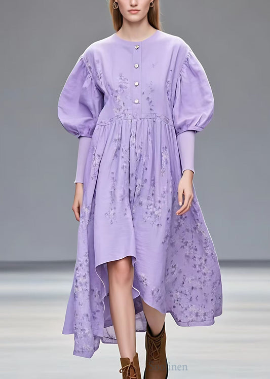 New Purple O Neck Print Cotton Dress Summer