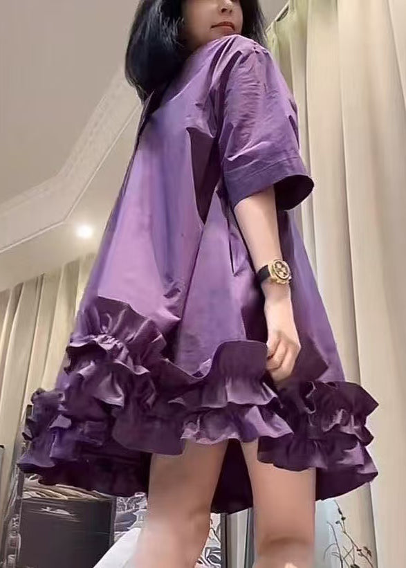 New Purple O Neck Ruffled Patchwork Cotton Mid Dresses Summer