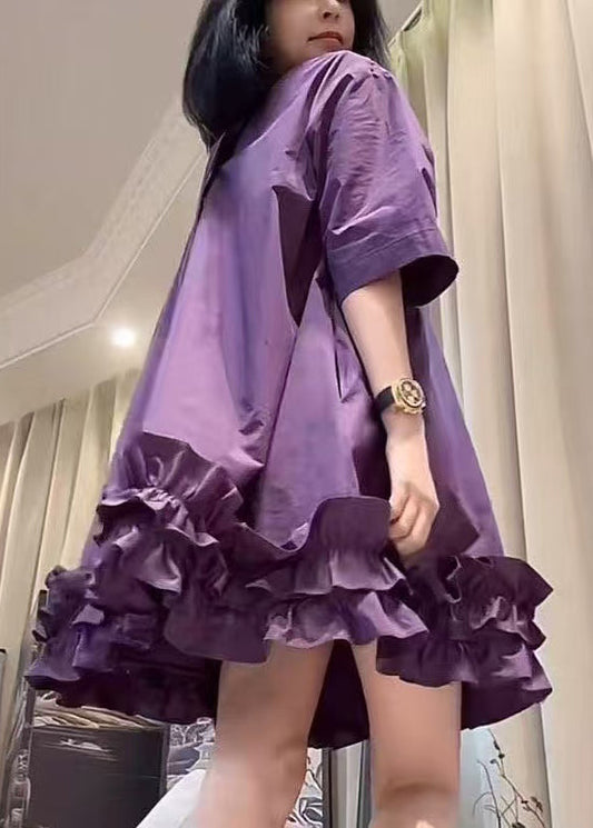 New Purple O Neck Ruffled Patchwork Cotton Mid Dresses Summer