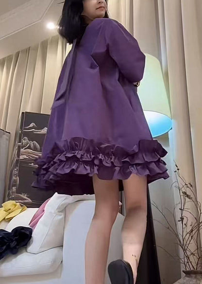 New Purple O Neck Ruffled Patchwork Cotton Mid Dresses Summer