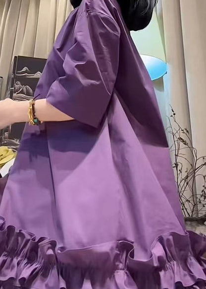 New Purple O Neck Ruffled Patchwork Cotton Mid Dresses Summer