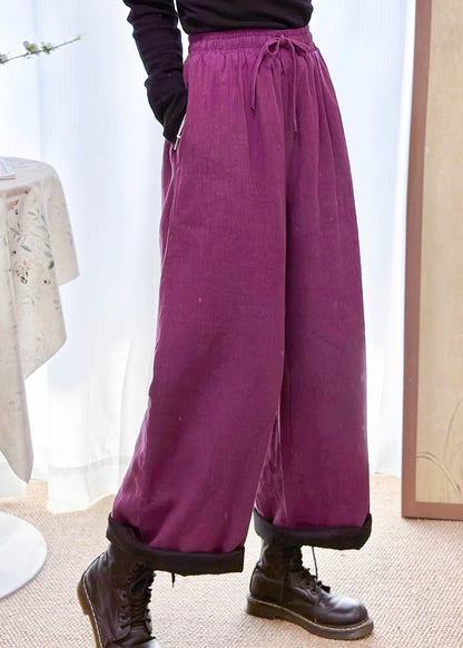New Purple Pockets Elastic Waist Fine Cotton Filled Pants Winter