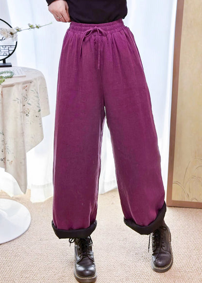 New Purple Pockets Elastic Waist Fine Cotton Filled Pants Winter