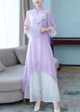 Load image into Gallery viewer, New Purple Stand Collar Embroidered Chiffon Two Pieces Set Half Sleeve