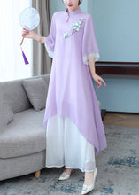 Load image into Gallery viewer, New Purple Stand Collar Embroidered Chiffon Two Pieces Set Half Sleeve