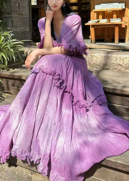New Purple V Neck Original Design Cotton Maxi Dresses Summer