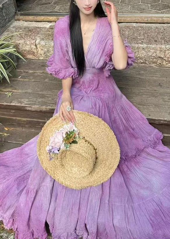 New Purple V Neck Original Design Cotton Maxi Dresses Summer