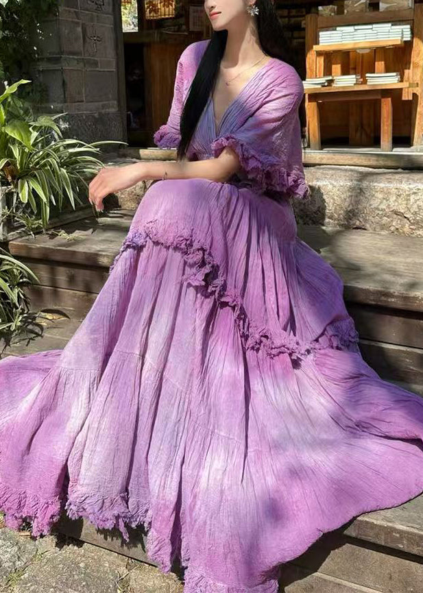 New Purple V Neck Original Design Cotton Maxi Dresses Summer