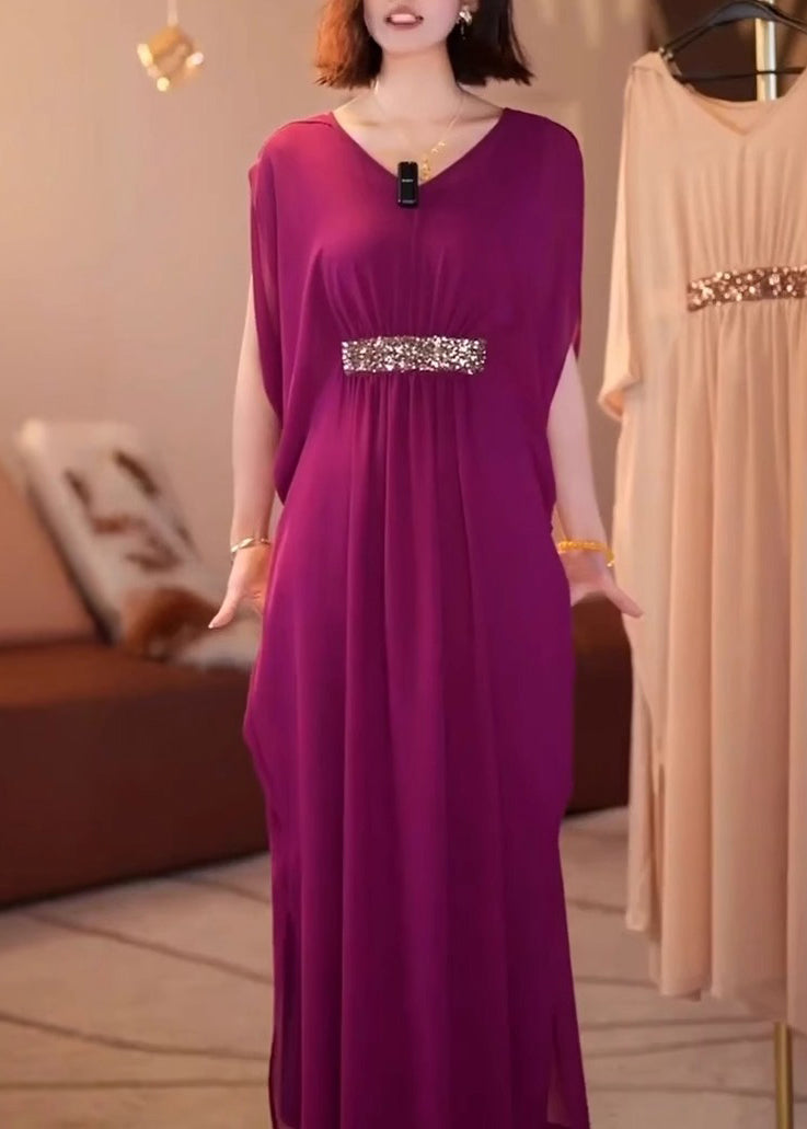 New Purple V Neck Patchwork Chiffon Dress Batwing Sleeve